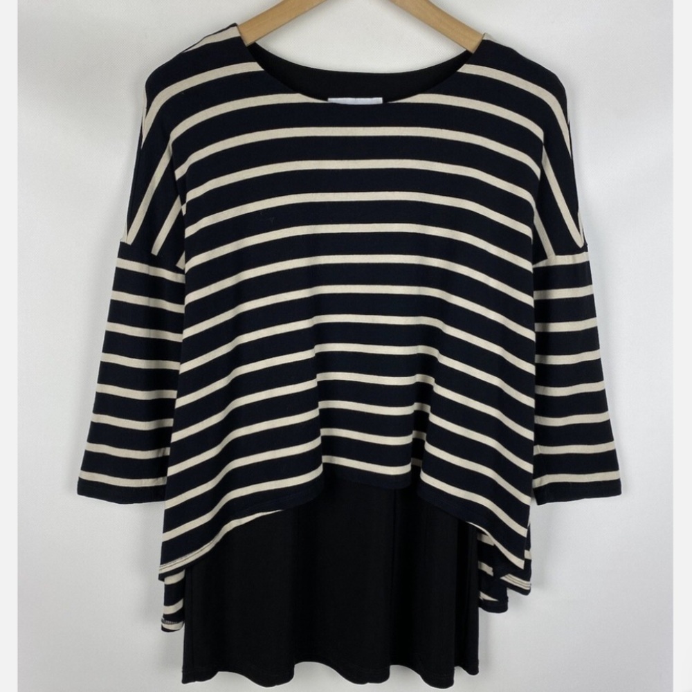 JOSEPH RIBKOFF Striped Tunic Top Black Tan Size 8 EUC
